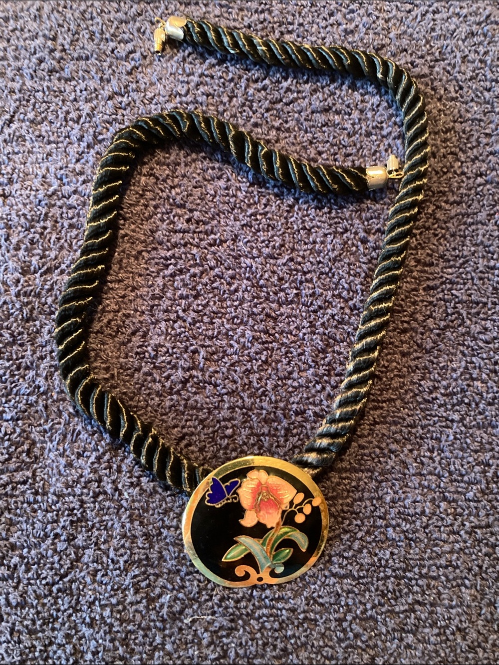 Black and Gold Tone Floral Enamel Pendant Necklace